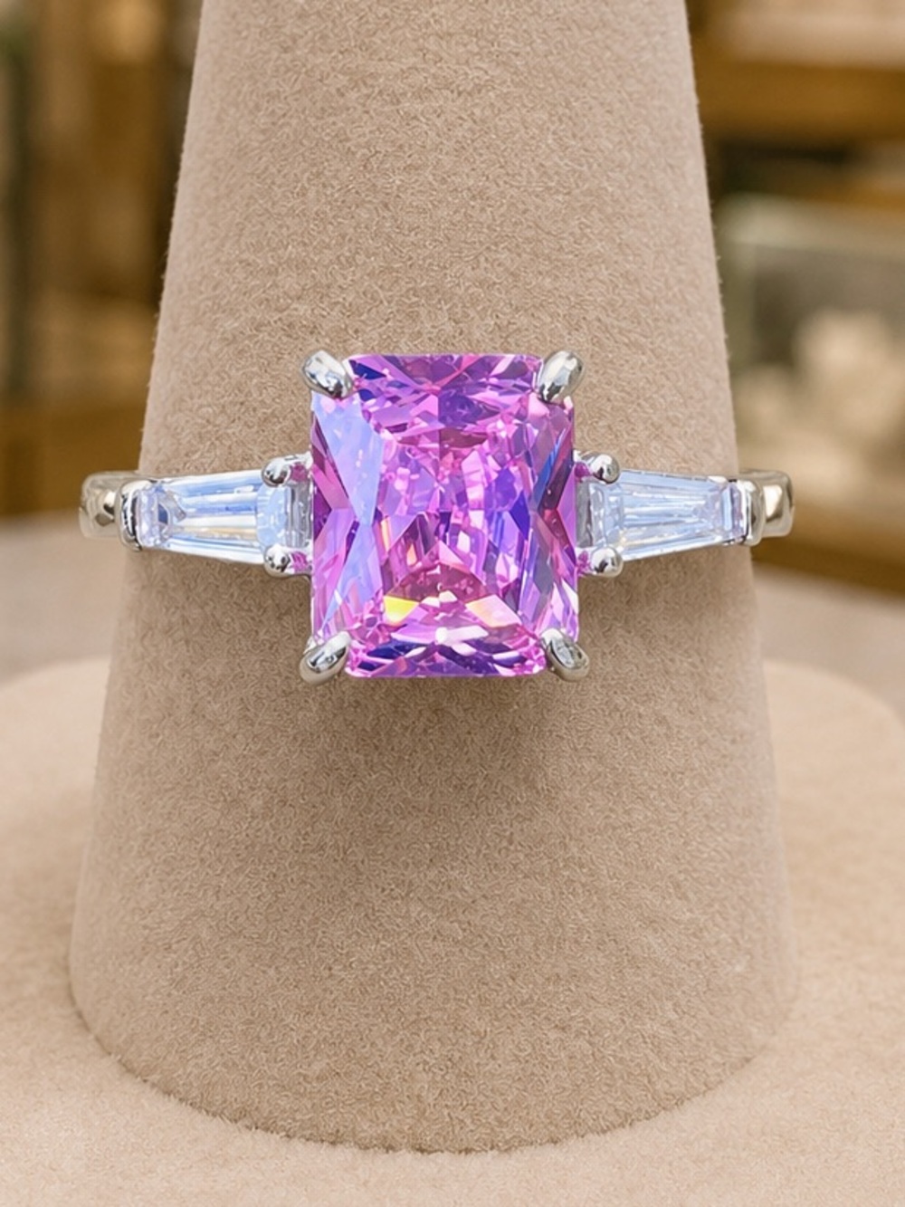NEW! Radiant Cut Pink Moissanite Clear Baguette Side Stones S925 Ring | Size 7